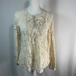Miss Me Lace Crochet Boho Tunic Top Women's M Cream Long Sleeve Embellished